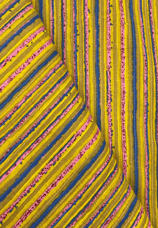 Yellow Mustard Striped Kantha Screen Print Pure Cotton Fabric