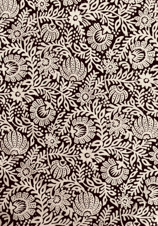 Intricate Hand-Block Printed Fabric – Black & White Floral Pattern