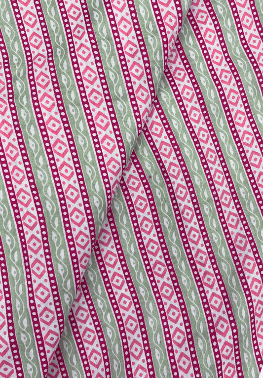 Pink and Green Geometric Stripe Screen Print Cotton Fabric