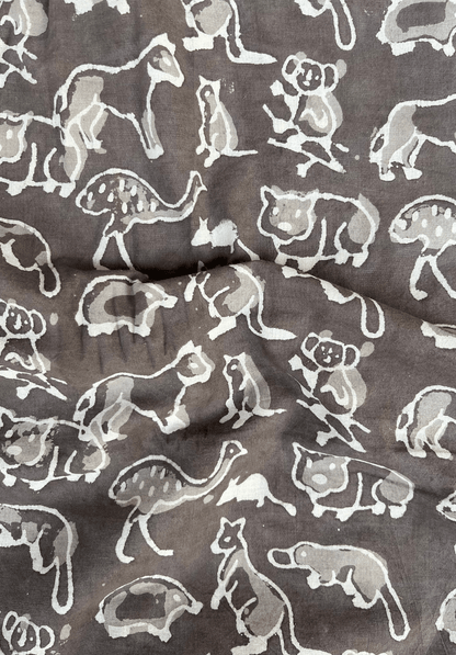 Koala & Kangaroo Animal Dabu Print Cotton Fabric | Rustic Brown Hand-Printed Textile