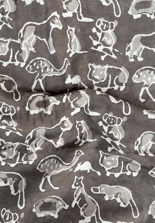 Koala & Kangaroo Animal Dabu Print Cotton Fabric | Rustic Brown Hand-Printed Textile