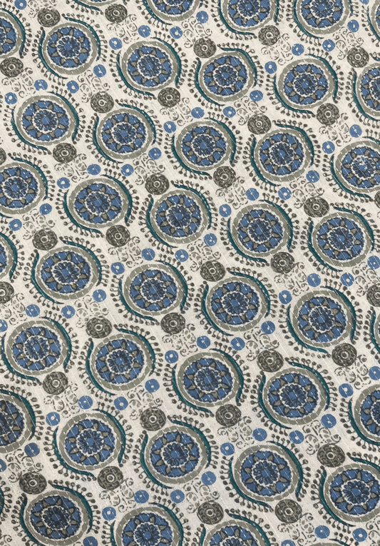 Blue and Green Floral Medallion Kantha Cotton Fabric