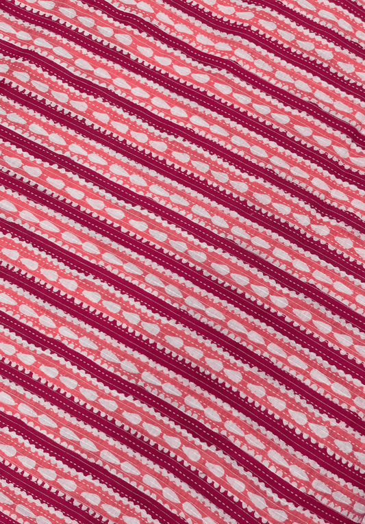 Pink and Maroon Kantha Screen Print Cotton Fabric