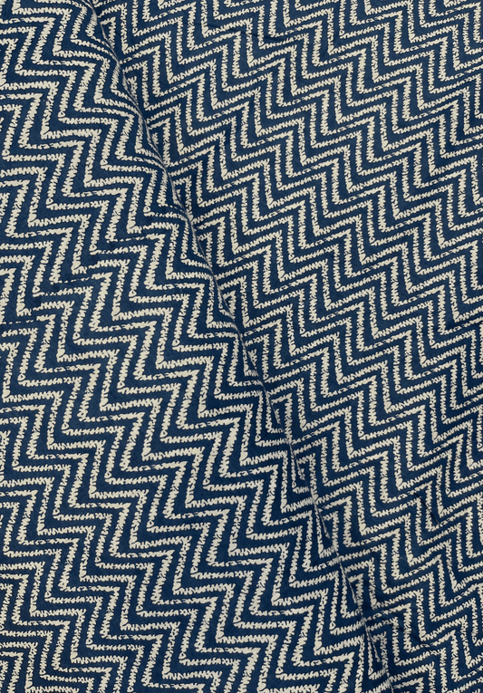 Indigo Blue and Cream Zigzag Screen Print Cotton Fabric