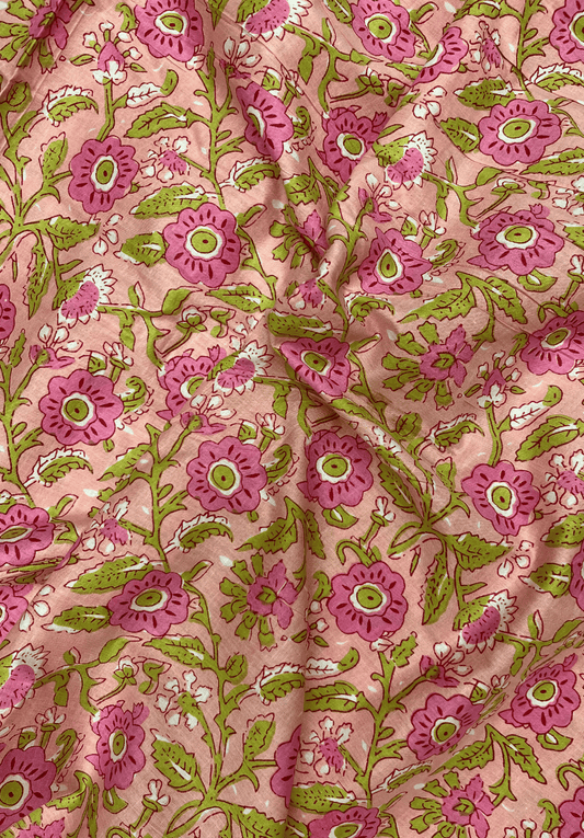 Pink Floral Screen Print on Peach Cotton Fabric