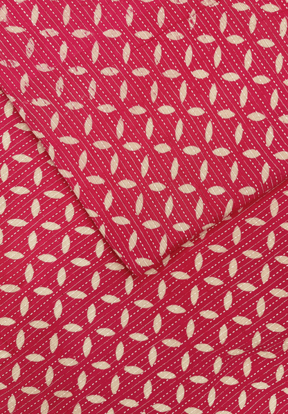 Pink Kantha Stitch Fabric with Leaf Pattern