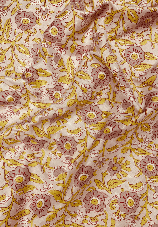 Pink and Yellow Floral Screen Print on light Pink Cotton Fabric