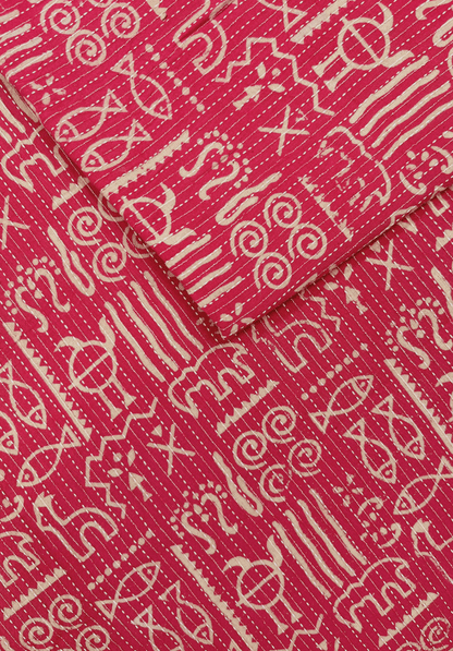 Pink Kantha Stitch Tribal Fabric with Symbolic Patterns