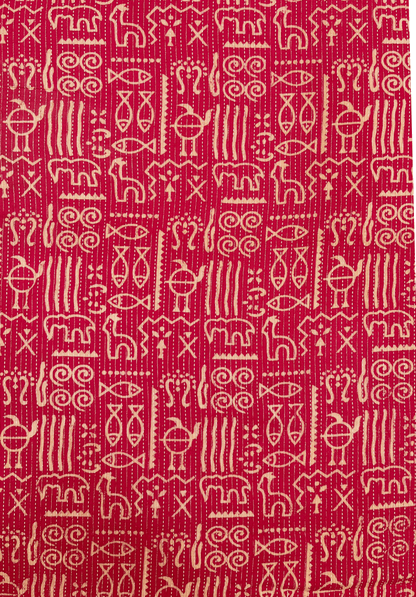 Pink Kantha Stitch Tribal Fabric with Symbolic Patterns