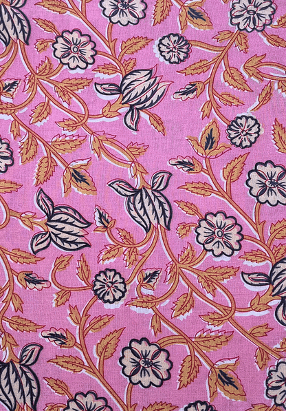 Vanaspati Print Cotton Fabric – Soft Pink with Floral Hand Block Design
