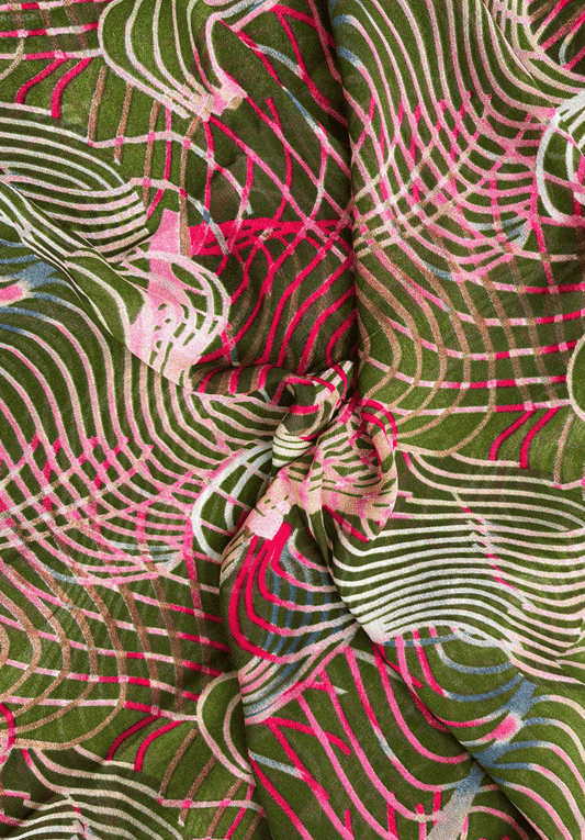 Psychedelic Wave Pattern in Bright Tones on Sheer Georgette