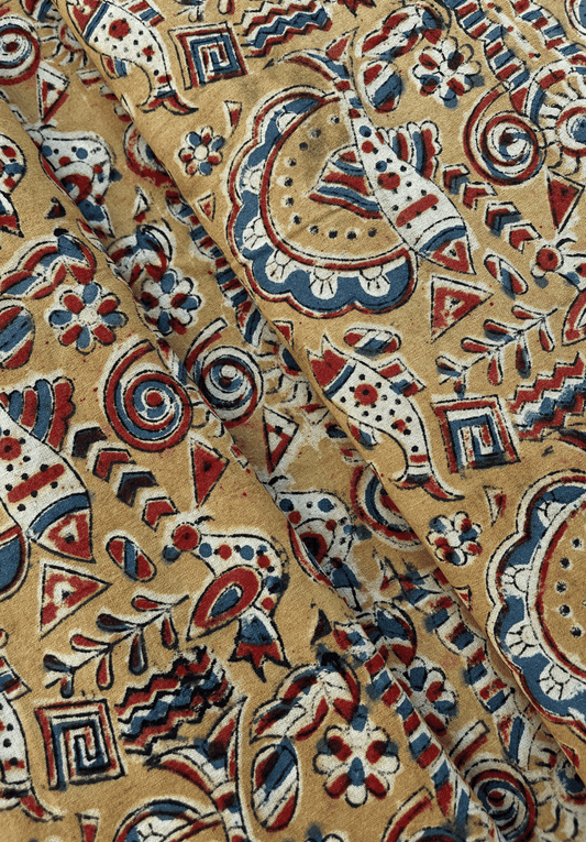 Traditional Kalamkari Fabric - Fish, Floral, Geometric on Mustard