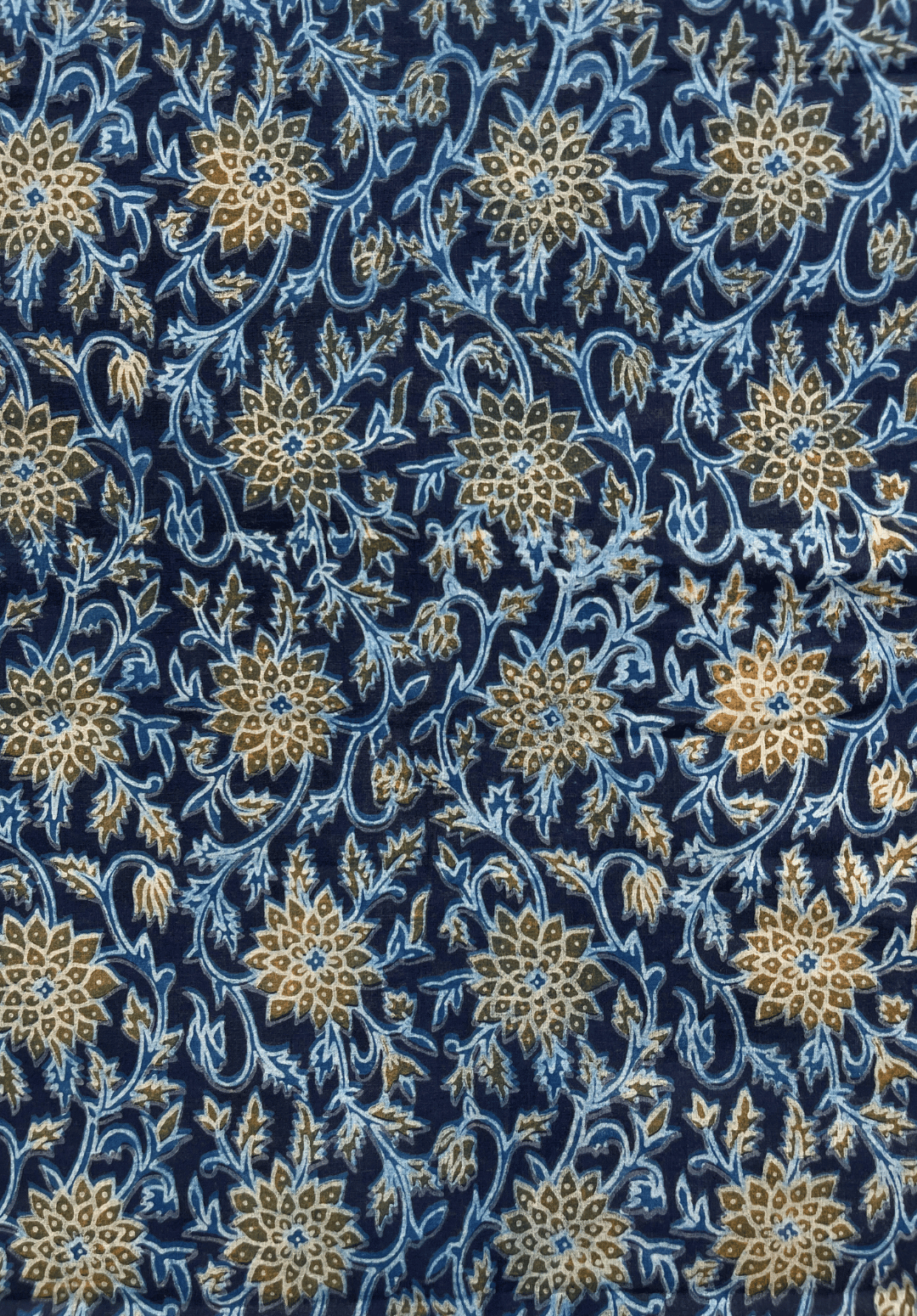 Intricate Floral Vanaspati Cotton - Navy Blue, Gold, & Light Blue