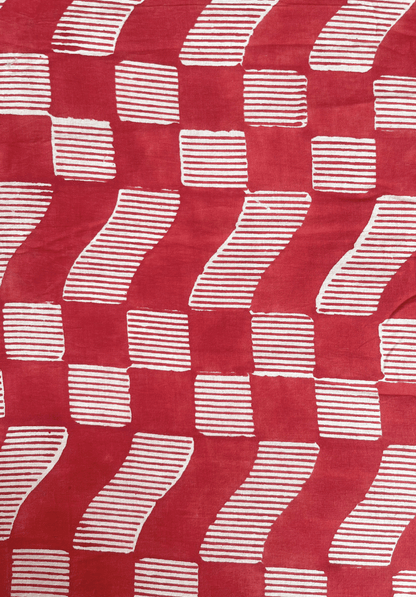 Traditional Hand Block Printed Cotton Fabric with Red & White Modern Design