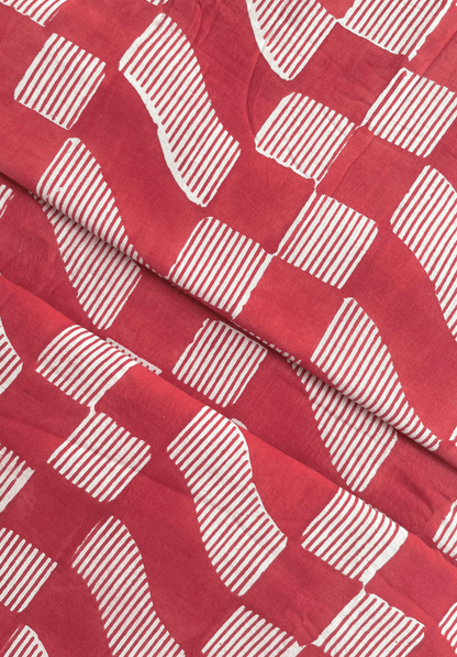 Traditional Hand Block Printed Cotton Fabric with Red & White Modern Design