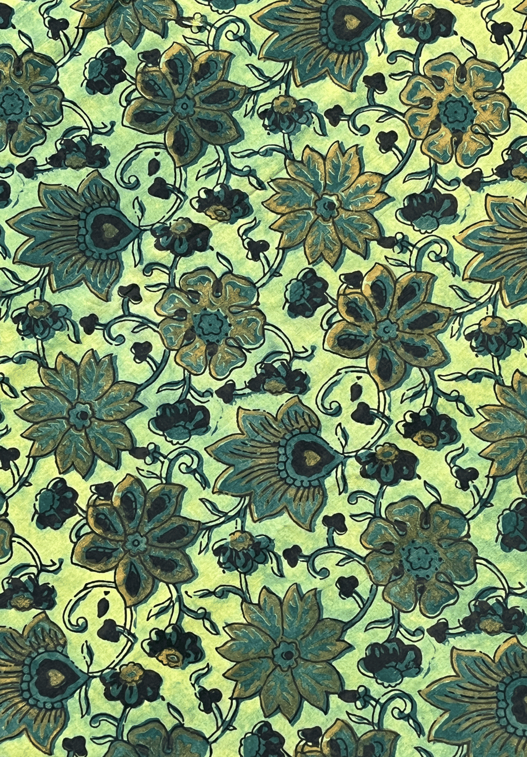 Artistic Bloom Vanaspati Fabric - Pale Green with Teal & Gold Flowers