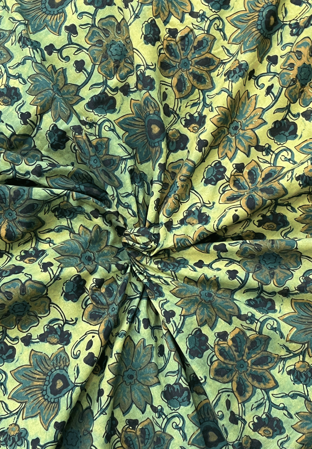 Artistic Bloom Vanaspati Fabric - Pale Green with Teal & Gold Flowers