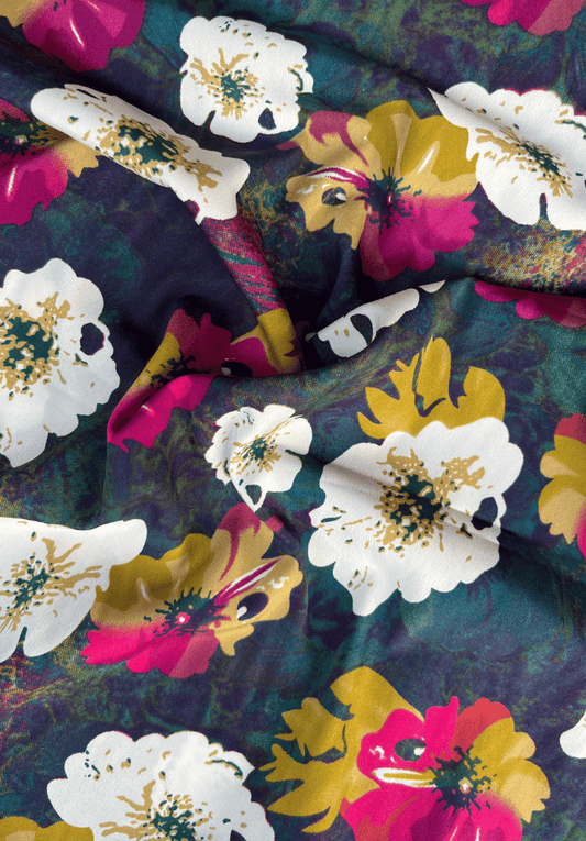Smooth Crape Fabric with Large White & Pink Florals on Textured Background
