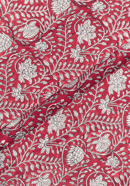 Handcrafted Botanical Red Fabric with Intricate Leaf & Flower Design