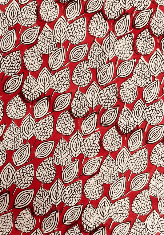 Rustic Botanical Fabric with Geometric Leaf Pattern on Deep Red