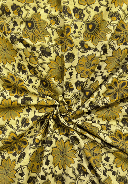 Earth Toned Floral Vanaspati Fabric - Cream Base with Olive & Dark Accents