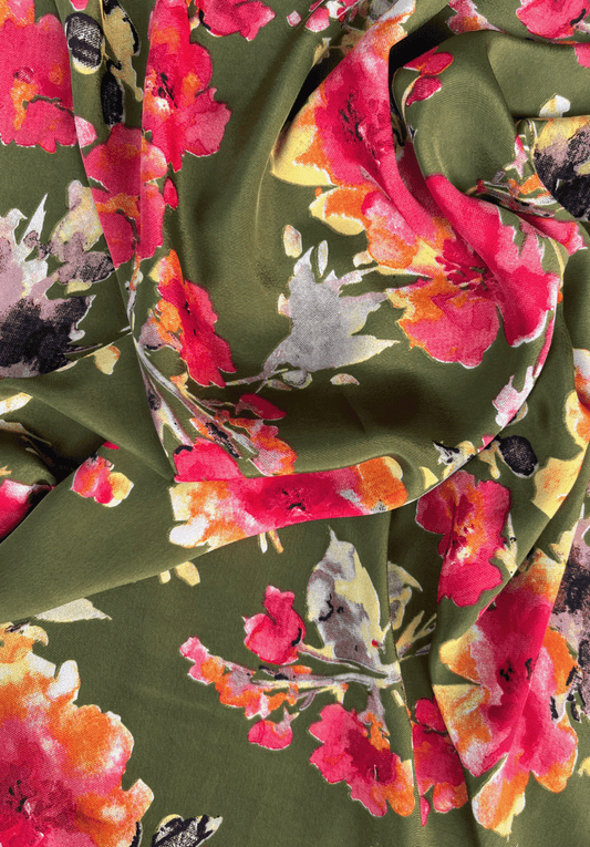 Olive Garden Crape Vibrant Floral Print with Artistic Flair