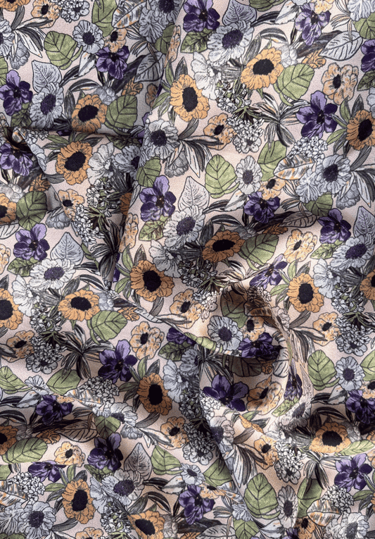 Sunflower Bloom Crape Earthy Florals in Green & Violet