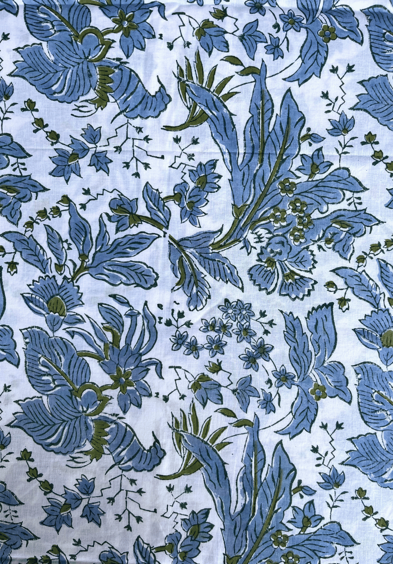 Classic Blue & Olive Green Floral Fabric with Nature-Inspired Design