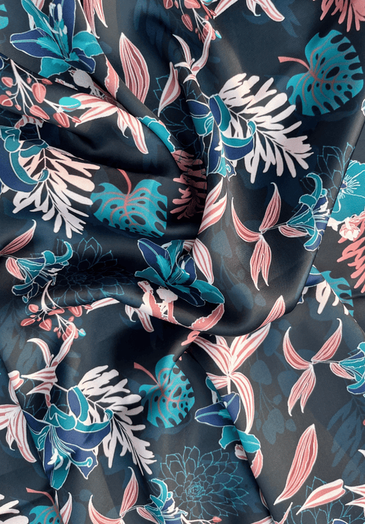 Tropical Midnight Crape Aqua & Blush Botanical Burst