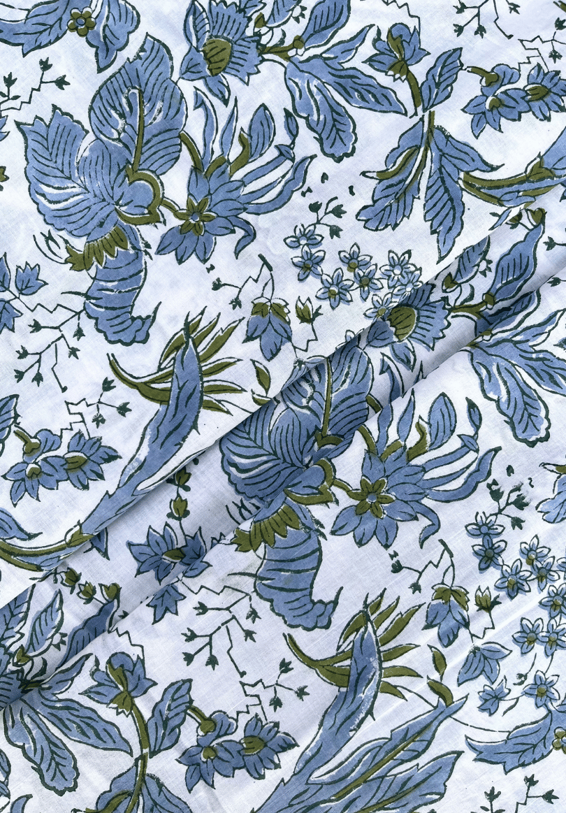 Classic Blue & Olive Green Floral Fabric with Nature-Inspired Design