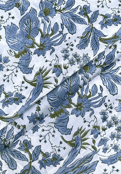Classic Blue & Olive Green Floral Fabric with Nature-Inspired Design