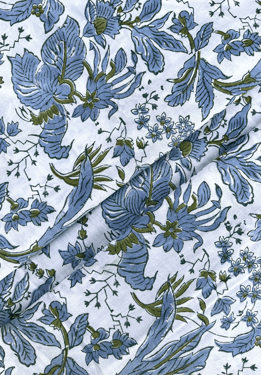 Classic Blue & Olive Green Floral Fabric with Nature-Inspired Design