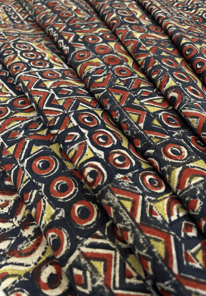 Traditional Printed Kalamkari Fabric with Tribal Mosaic Print on fade Black Background