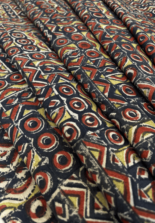 Traditional Printed Kalamkari Fabric with Tribal Mosaic Print on fade Black Background