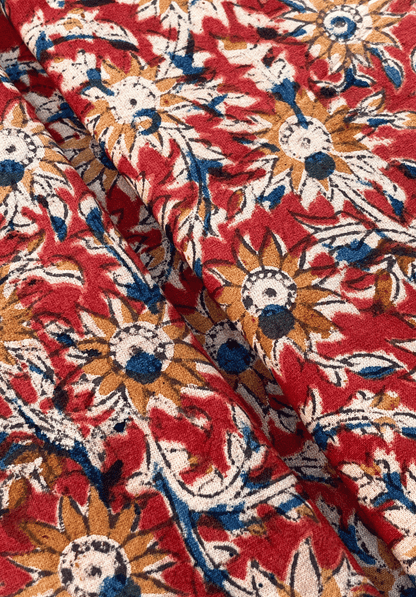 Kalamkari Fabric with Sunflower Motifs on a Rich Red Background
