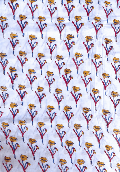 Hand Block Print with White Base with Floral Motifs in Red, Blue & Yellow