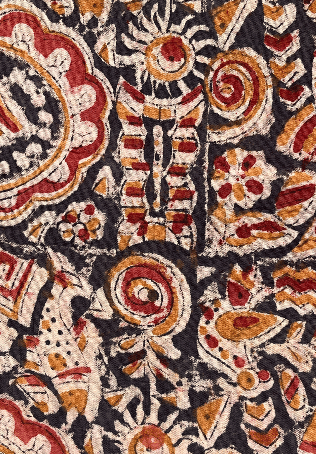 Traditional Kalamkari Fabric with Intricate Folk Motifs on a Dark Background
