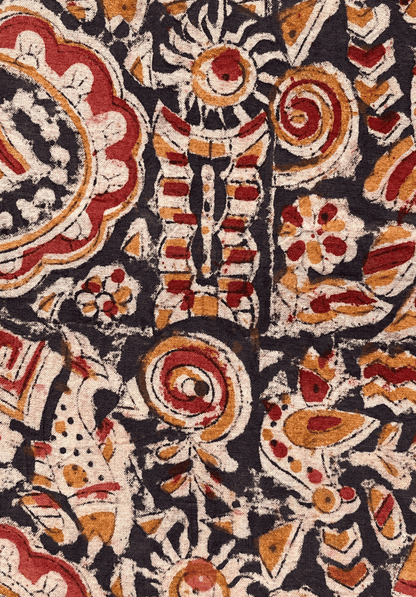 Traditional Kalamkari Fabric with Intricate Folk Motifs on a Dark Background