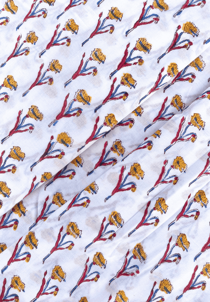 Hand Block Print with White Base with Floral Motifs in Red, Blue & Yellow
