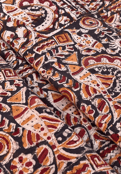 Traditional Kalamkari Fabric with Intricate Folk Motifs on a Dark Background