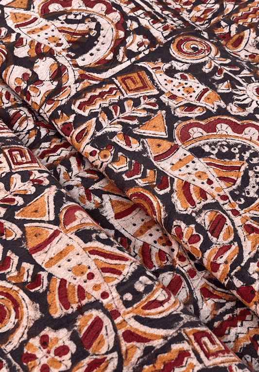 Traditional Kalamkari Fabric with Intricate Folk Motifs on a Dark Background