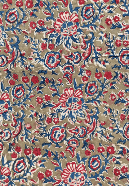 Kalamkari Print - Floral Motifs on Faded Green Background