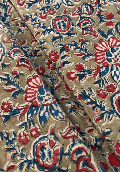 Kalamkari Print - Floral Motifs on Faded Green Background