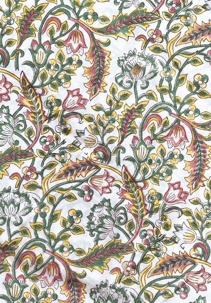 Intricate Floral Hand Block Print Vine Pattern in Green, Yellow & Red on White
