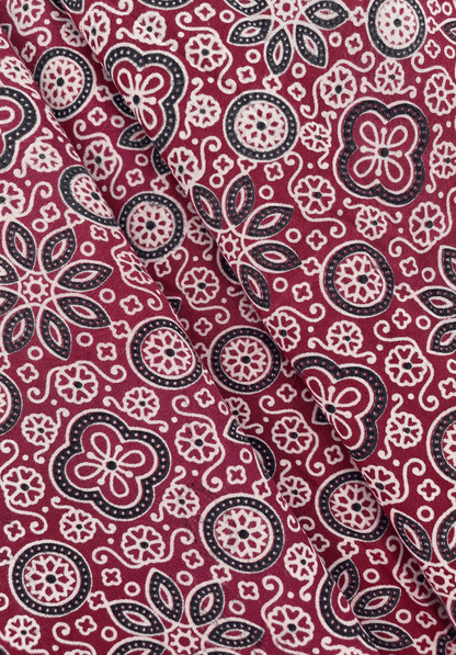 Floral & Geometric Ajrakh Rayon - Deep Red, Black, & Cream