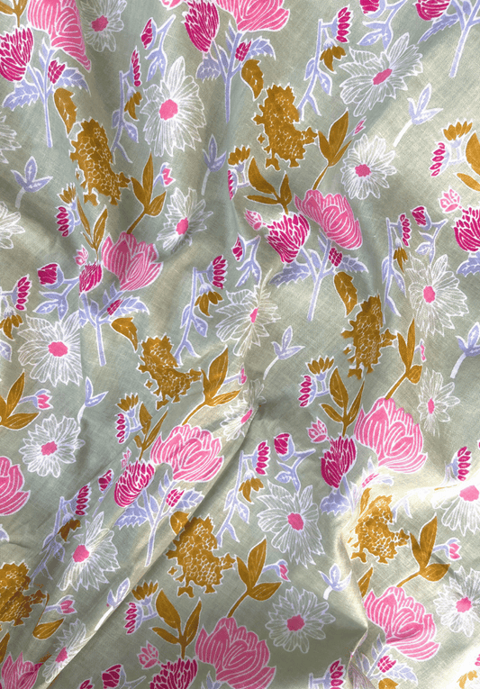Elegant Floral Screen Print Cotton Fabric in Soft Sage Green with Pink and Gold Accents
