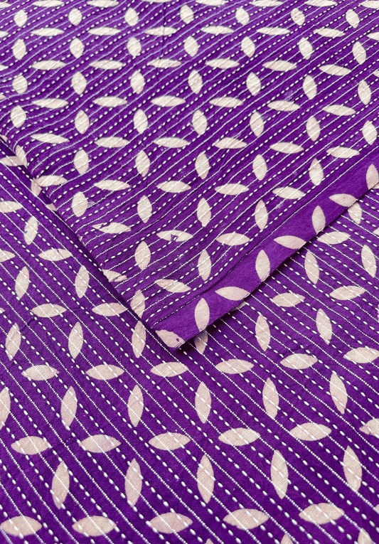 Violet Bliss Kantha Stitch Cotton Fabric with Handcrafted Floral Embroidery