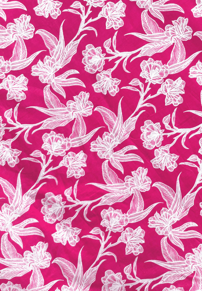 Vibrant Hot Pink Floral Cotton Fabric with Intricate White Botanical Prints