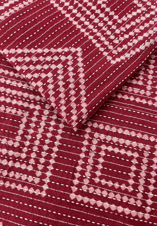 Crimson Elegance Kantha Stitch Cotton Fabric with Handcrafted Floral Embroidery