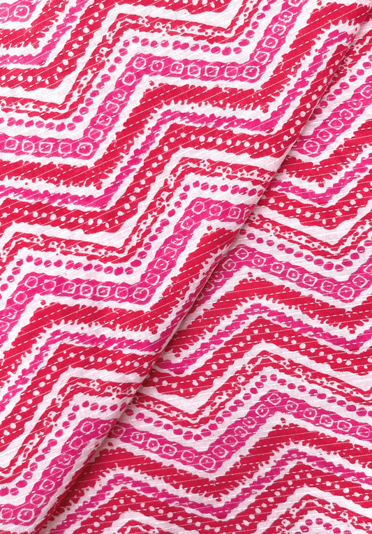 Pink Zigzag Kantha Screen Print Pure Cotton Fabric
